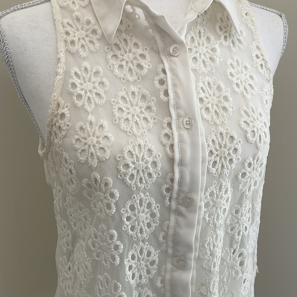 Pins and Needles White Button Down with Sheer & Embroidered Designs. EUC - Picture 2 of 8